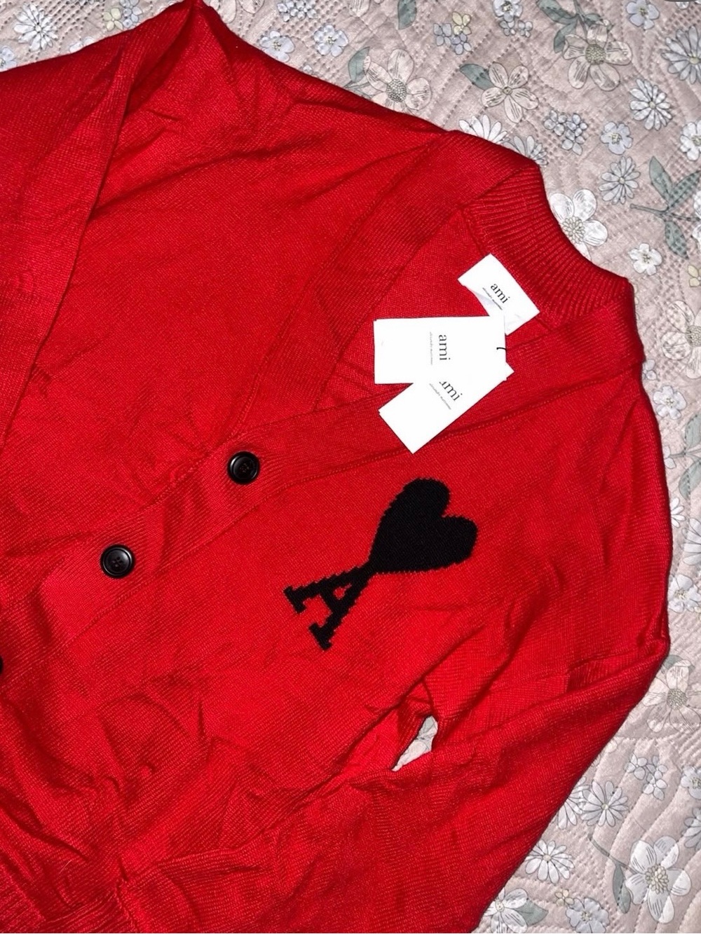 Ami Bright Red Cardigan with Black Heart 'A' Motif